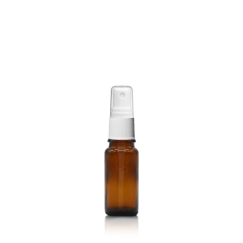 10ml mist sprayer bottles in amber glass with a white mist spray pump (or atomiser) Packaging for liquid storage and dispensing, on a white background
