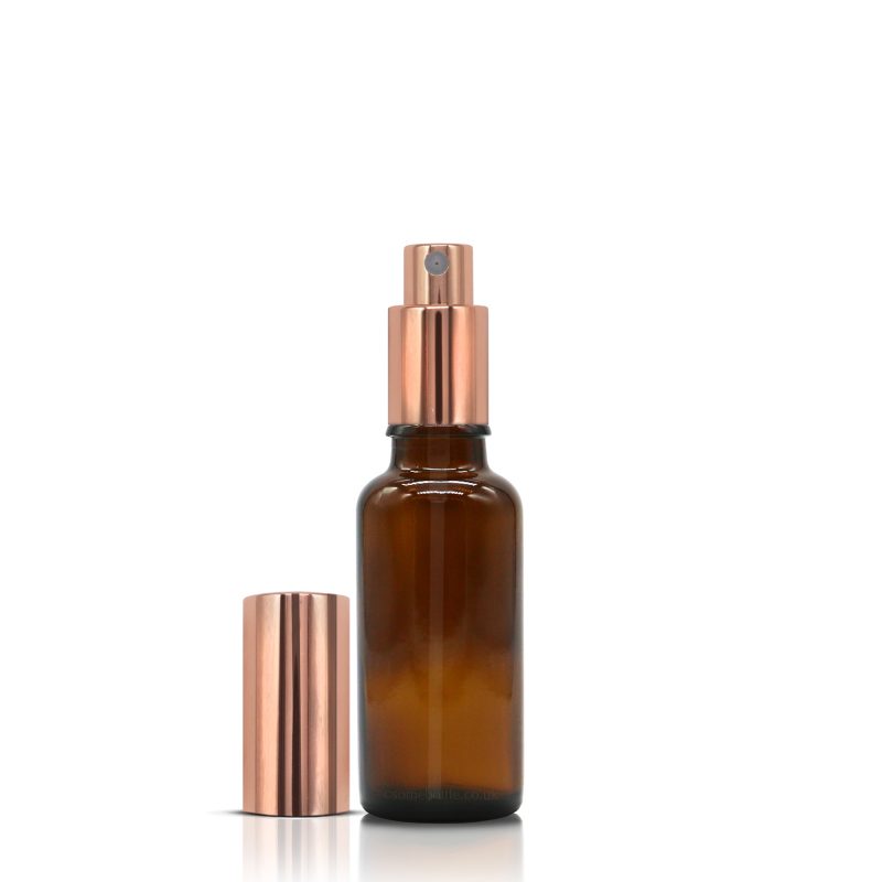 30ml Amber Glass Dropper Bottle with Rose Gold Aluminium Mist Spray Pump for Oils Aromatherapy, room and pillow sprays and fragrance on a white background available to purchase