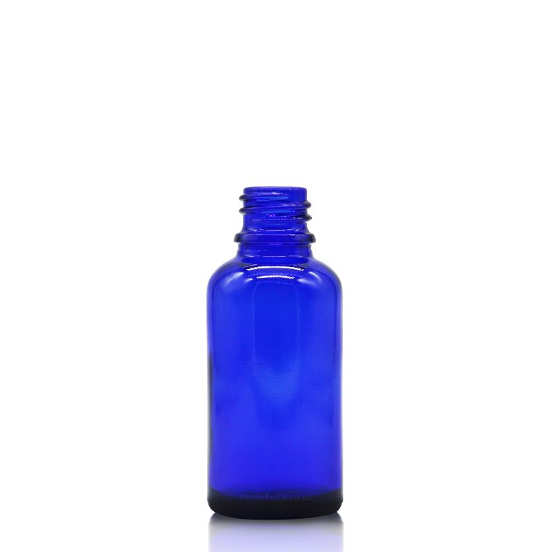 a blue glass bottle with the capacity to hold 30ml of liquid product with no lid on a white background. Available to purchase individually or in bulk from a uk supplier