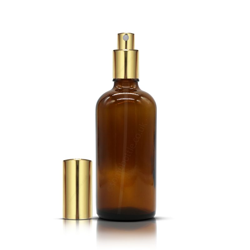 100ml Amber Glass Bottle + Gold Aluminium Mist Spray Atomiser & Cap