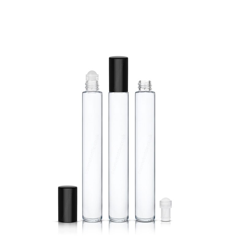 10ml Clear Glass Roller Ball Roll On Rollette Bottle Black Cap