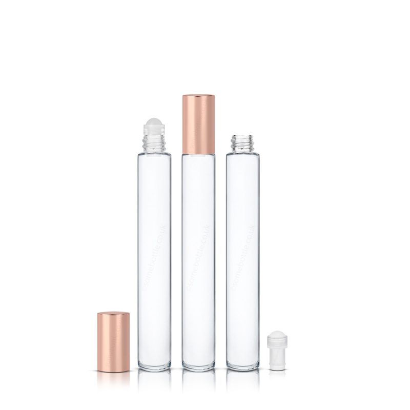 10ml Clear Glass Roller Ball Roll On Rollette Bottle Rose Gold Cap