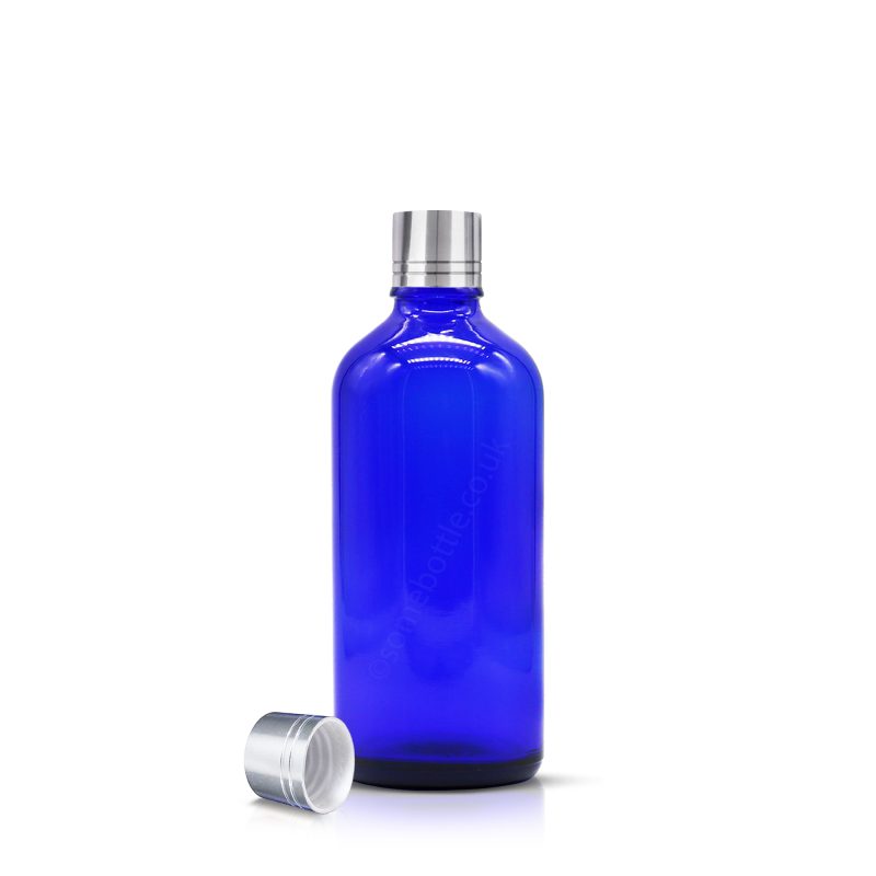 100ml Blue Glass Dropper Bottle with Silver Aluminium Screw Cap